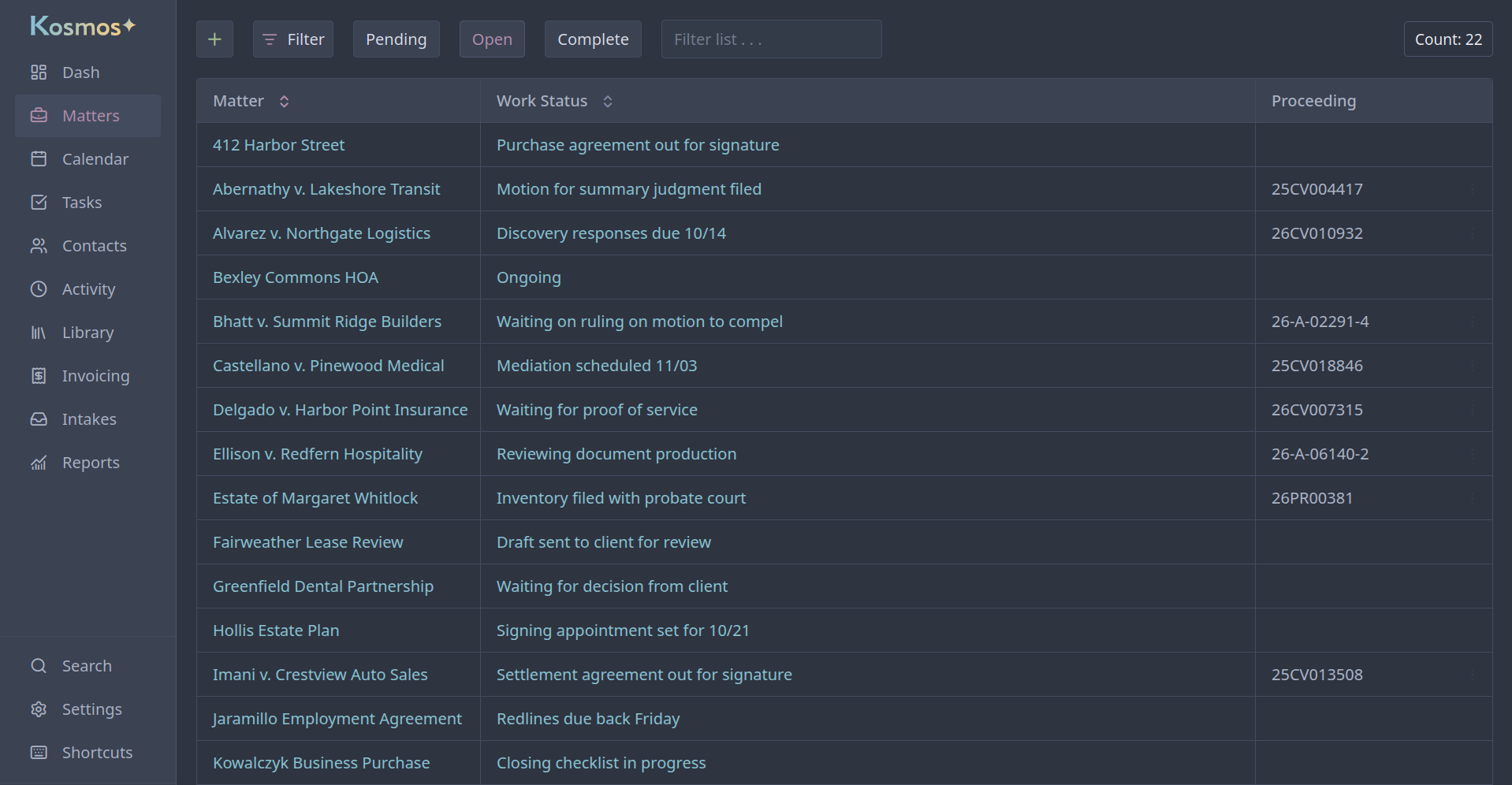 The Kosmos matter list in its Dark theme: a sidebar of sections, and a table of matters with each one's work status and case number.