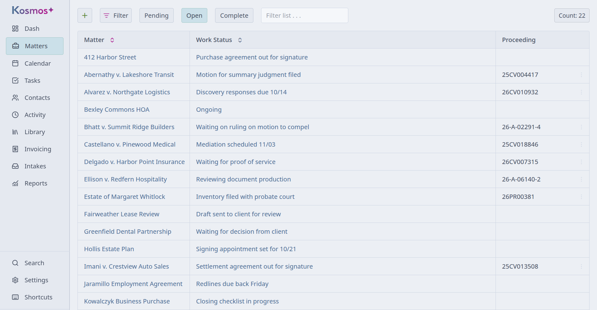 The Kosmos matter list in its Light theme: a sidebar of sections, and a table of matters with each one's work status and case number.