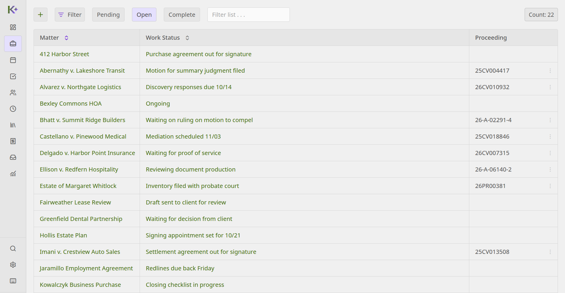 The Kosmos matter list in its Matcha theme: a sidebar of sections, and a table of matters with each one's work status and case number.